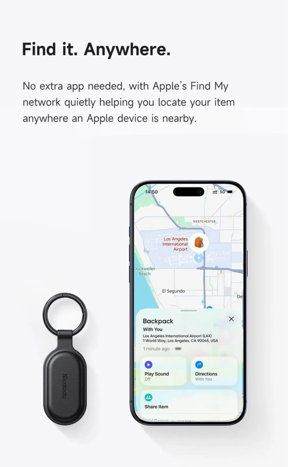 Mcdodo Napa Pro Portable Keyring Find My Locator (AT-3841)  Protect Your Bag/Keys with Apple Find My App with 12 Month Official Waranty