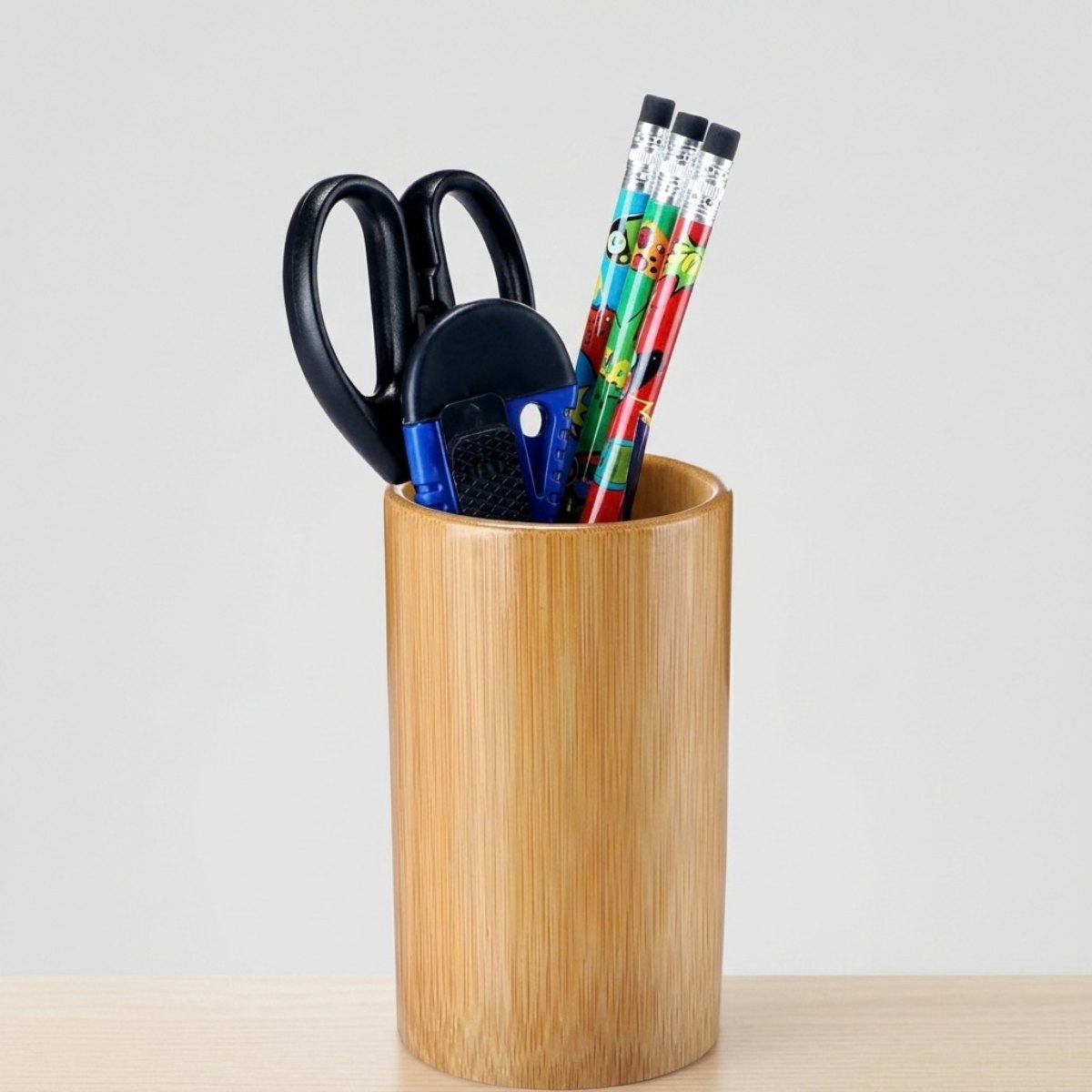 Bamboo Pen Holder Round Desk Pen Pencil Holder Stand 1 Pc