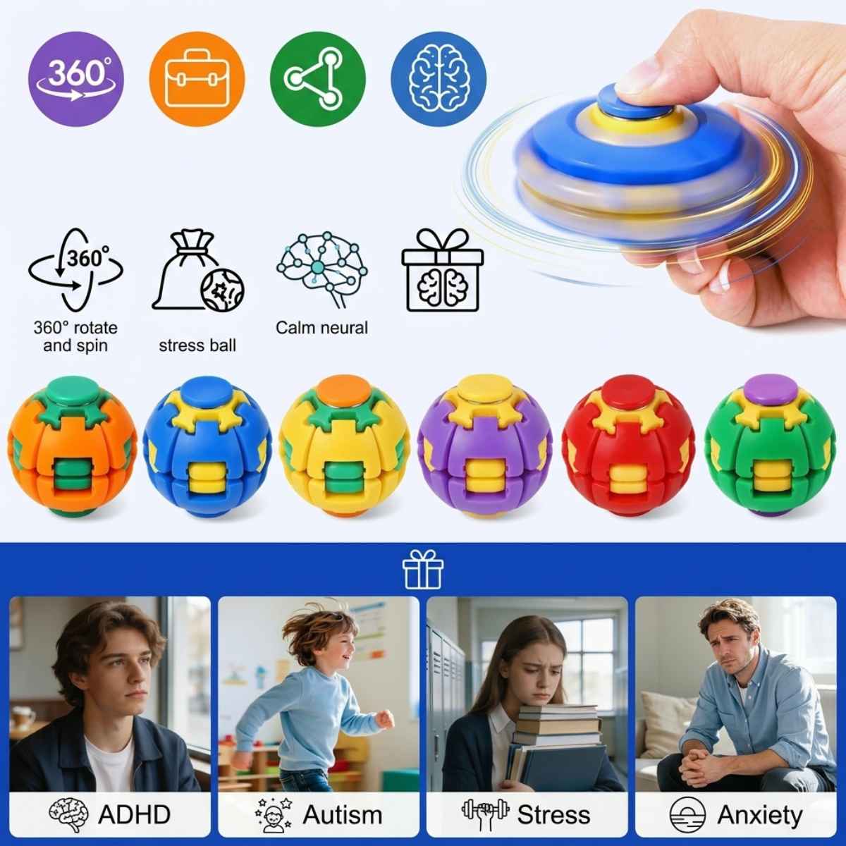 Press to Spin Fidget Ball Random Color 1 Pc