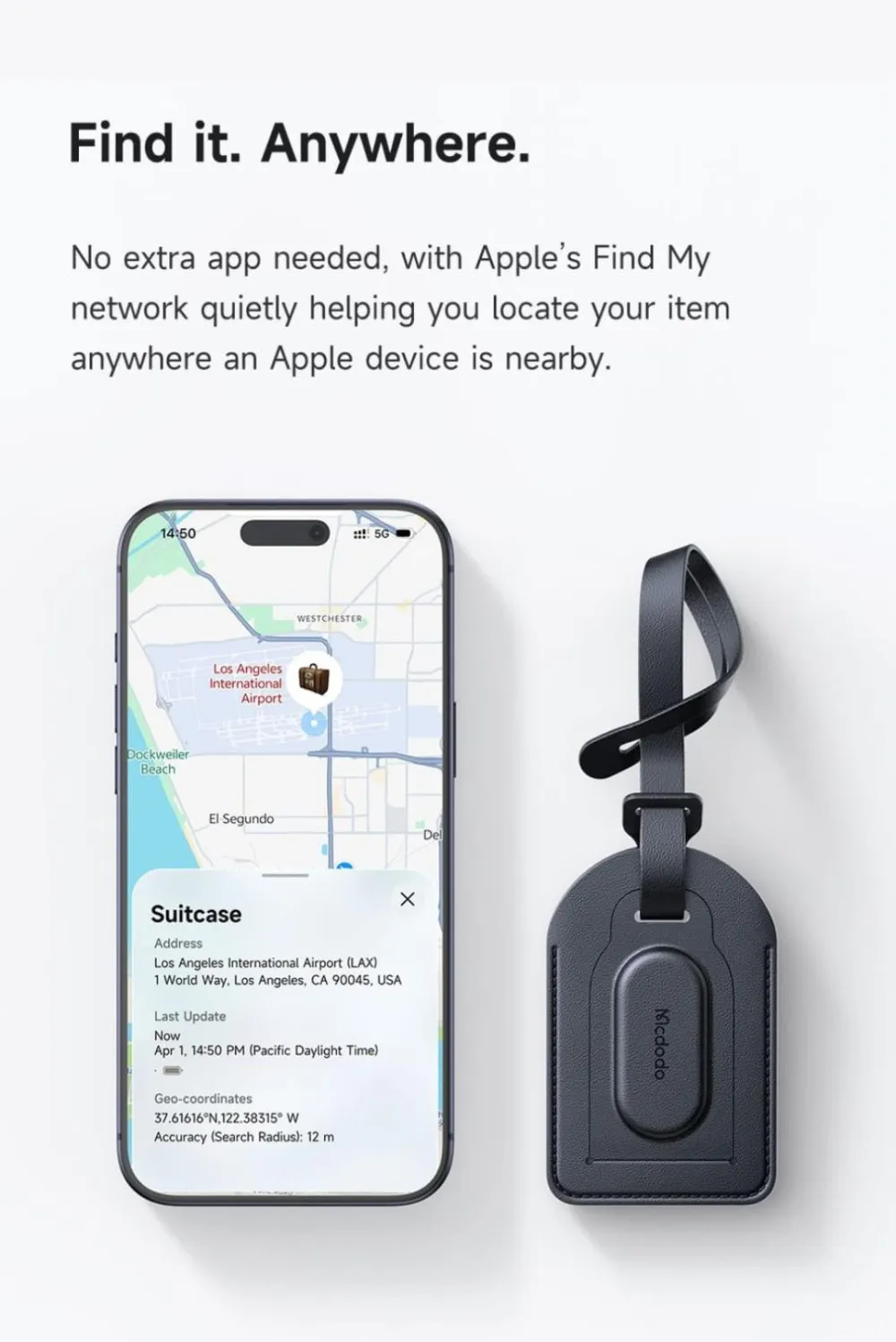 Mcdodo Napa Pro Portable Keyring Find My Locator (AT-3841)  Protect Your Bag/Keys with Apple Find My App with 12 Month Official Waranty