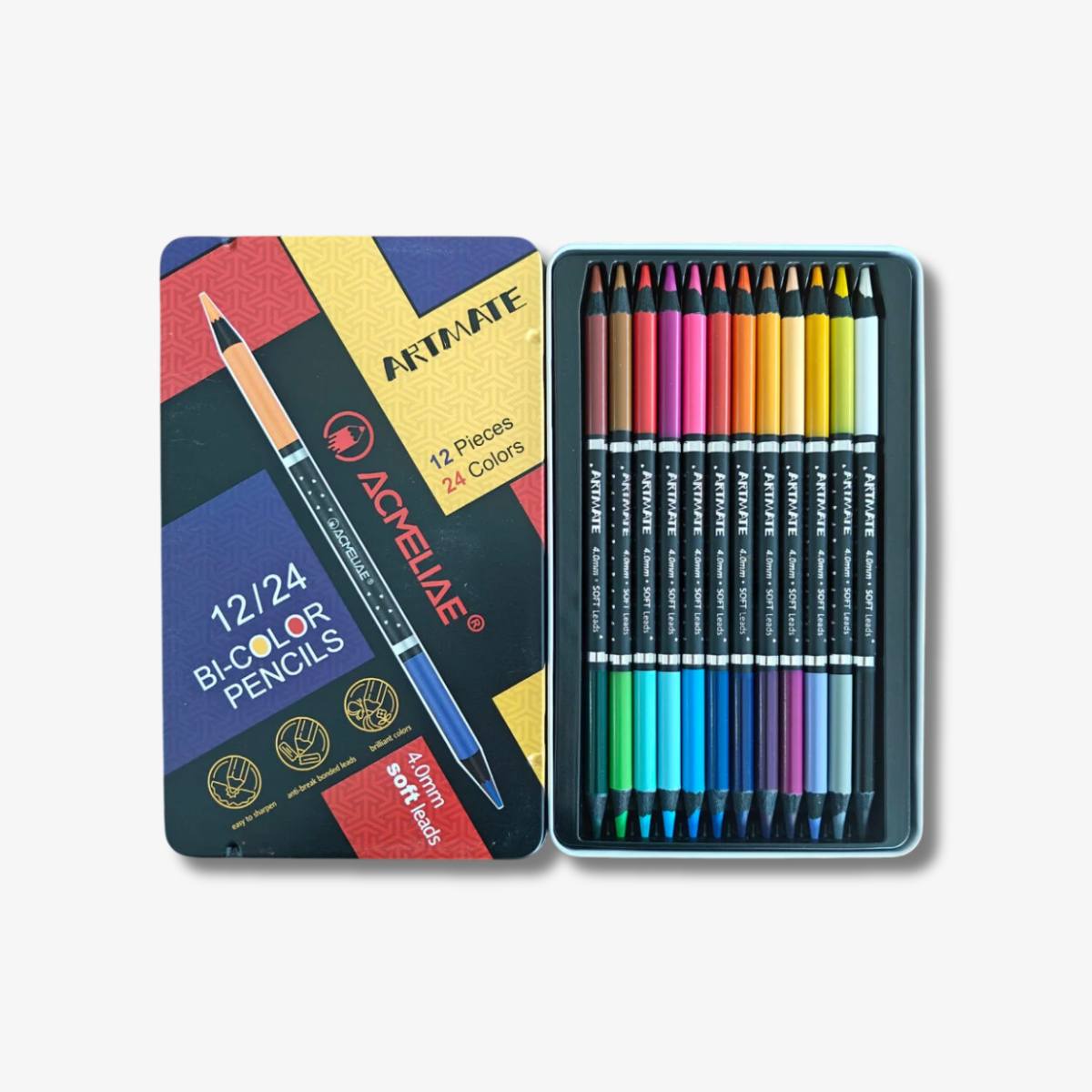 Acmeliae Color Pencil Set Tin Box 12 Pcs 24 Colors